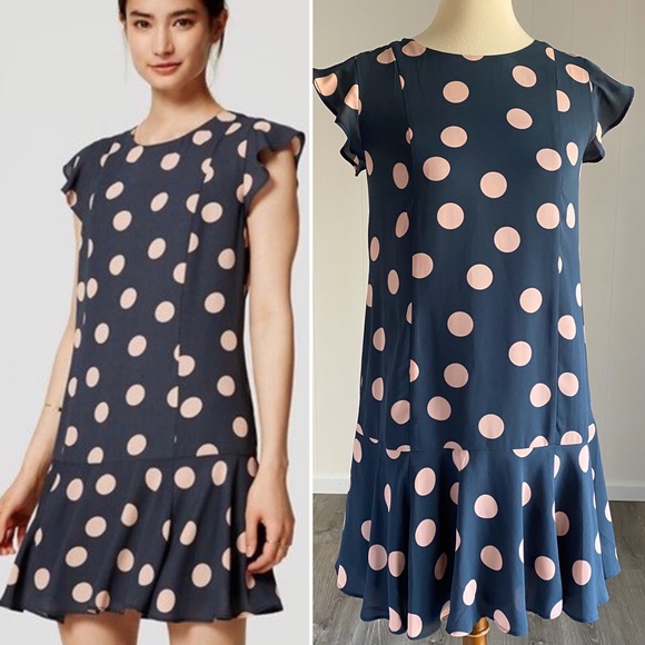 LOFT Dresses & Skirts - NWT Loft Polka Dot Flounce Dress Petrol Grey Pink